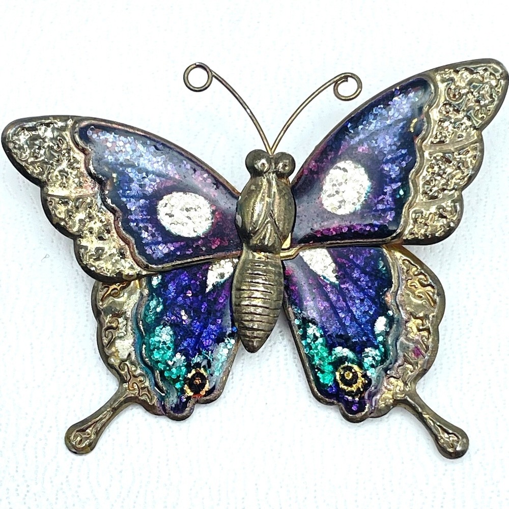 Vintage Gold-Tone Multicolor Patina Dye Enamel Blue Glitter Butterfly Brooch Pin